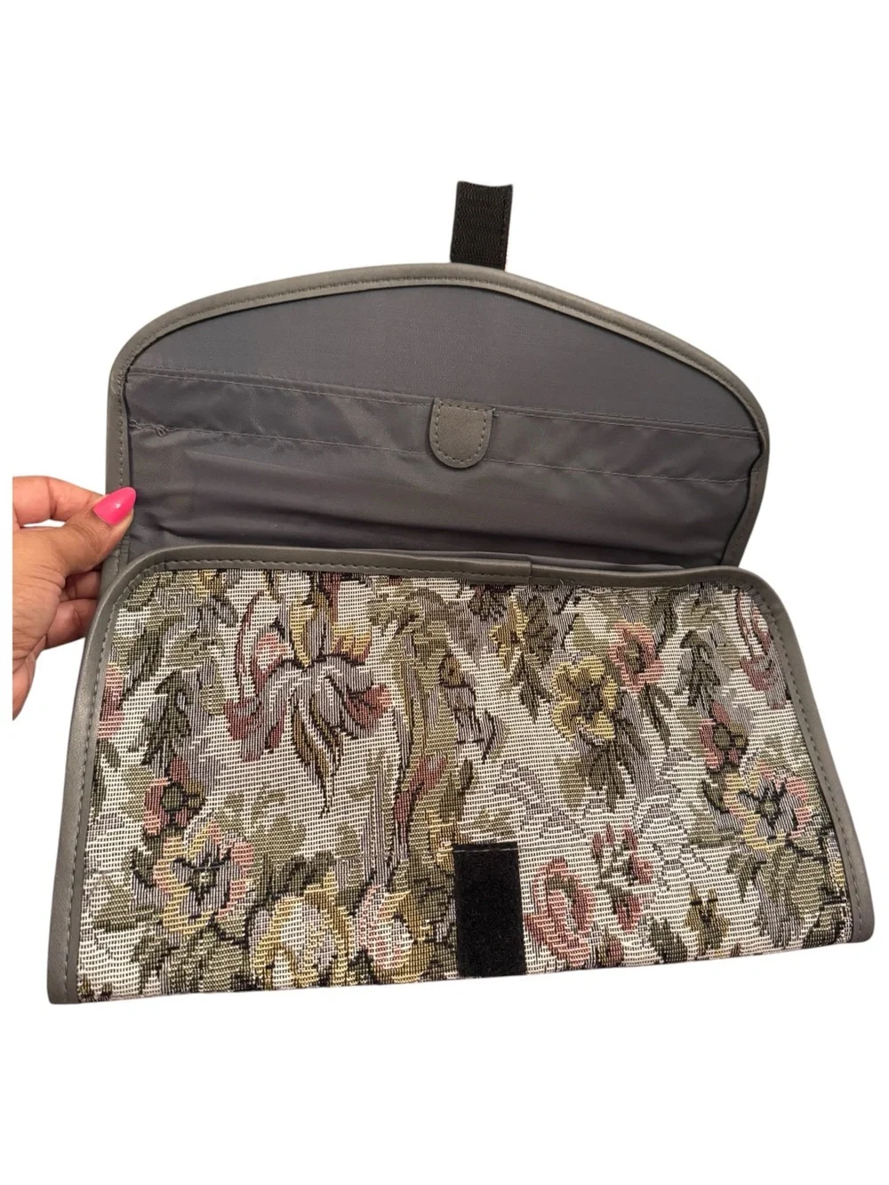 Tapestry Floral Fold-Over Organizer/Toiletry Bag - Taupe Pink Green